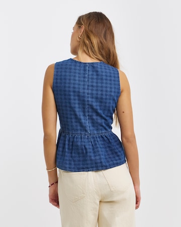 Gingham Denim Sleeveless Peplum Top