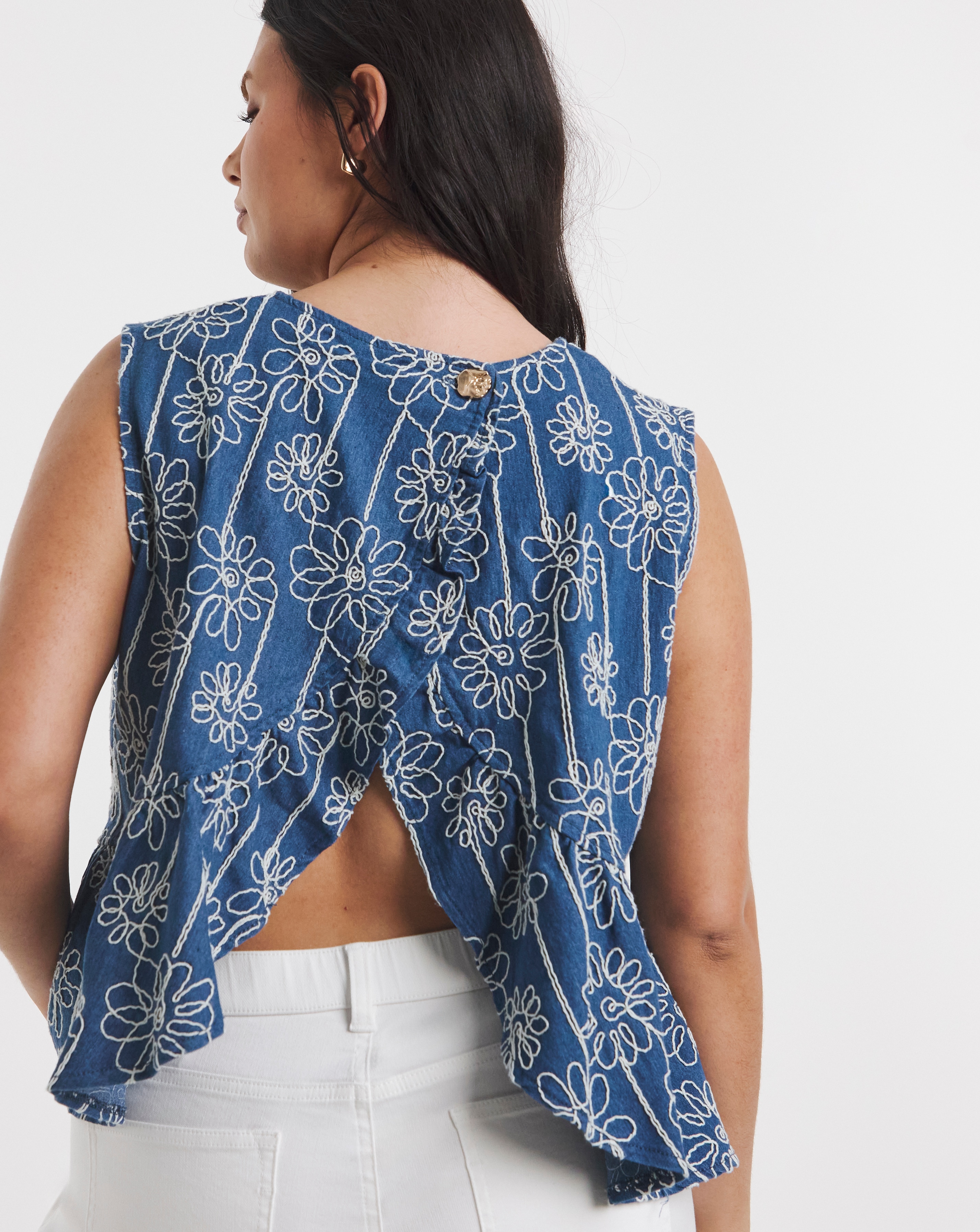 New In - Floral Applique Denim Peplum Top