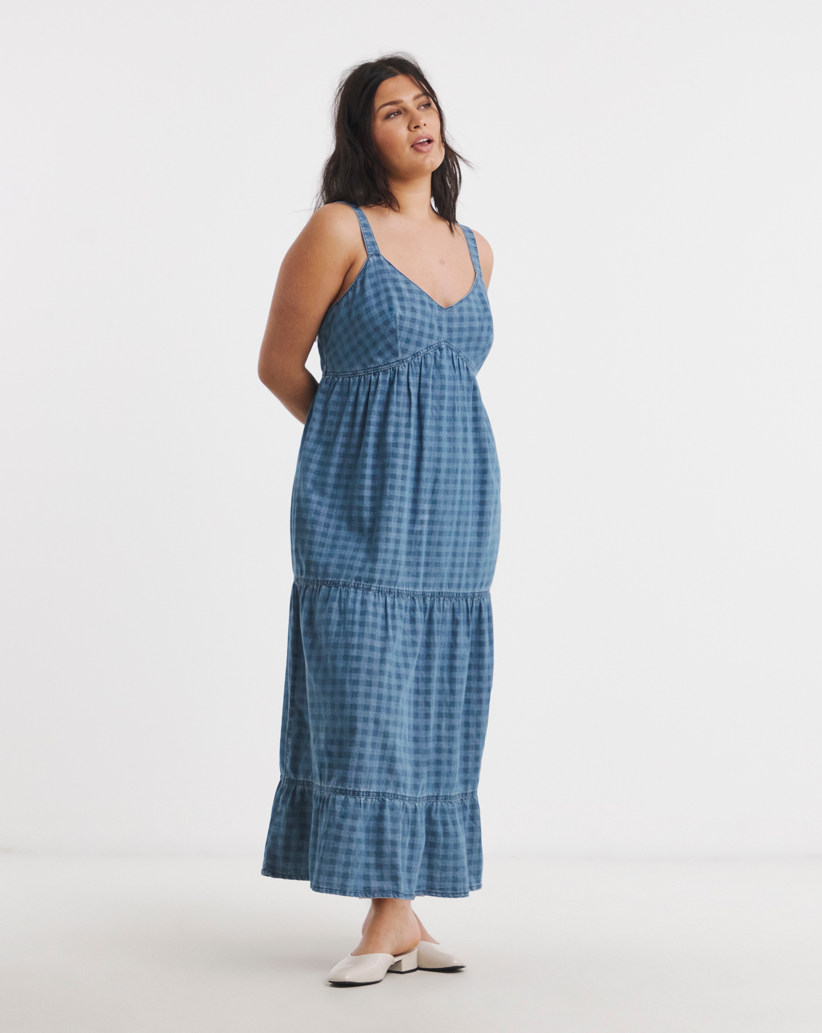 New In - Gingham Sleeveless Denim Midi Dress