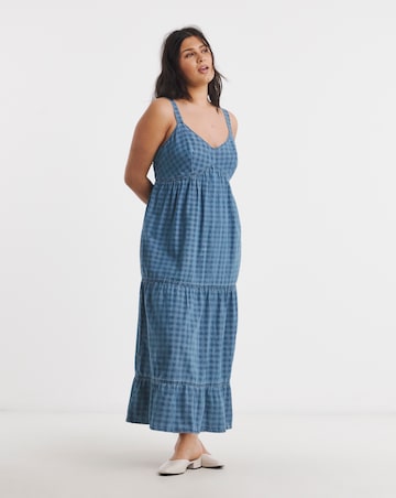 Blue Gingham Sleeveless Denim Midi Dress