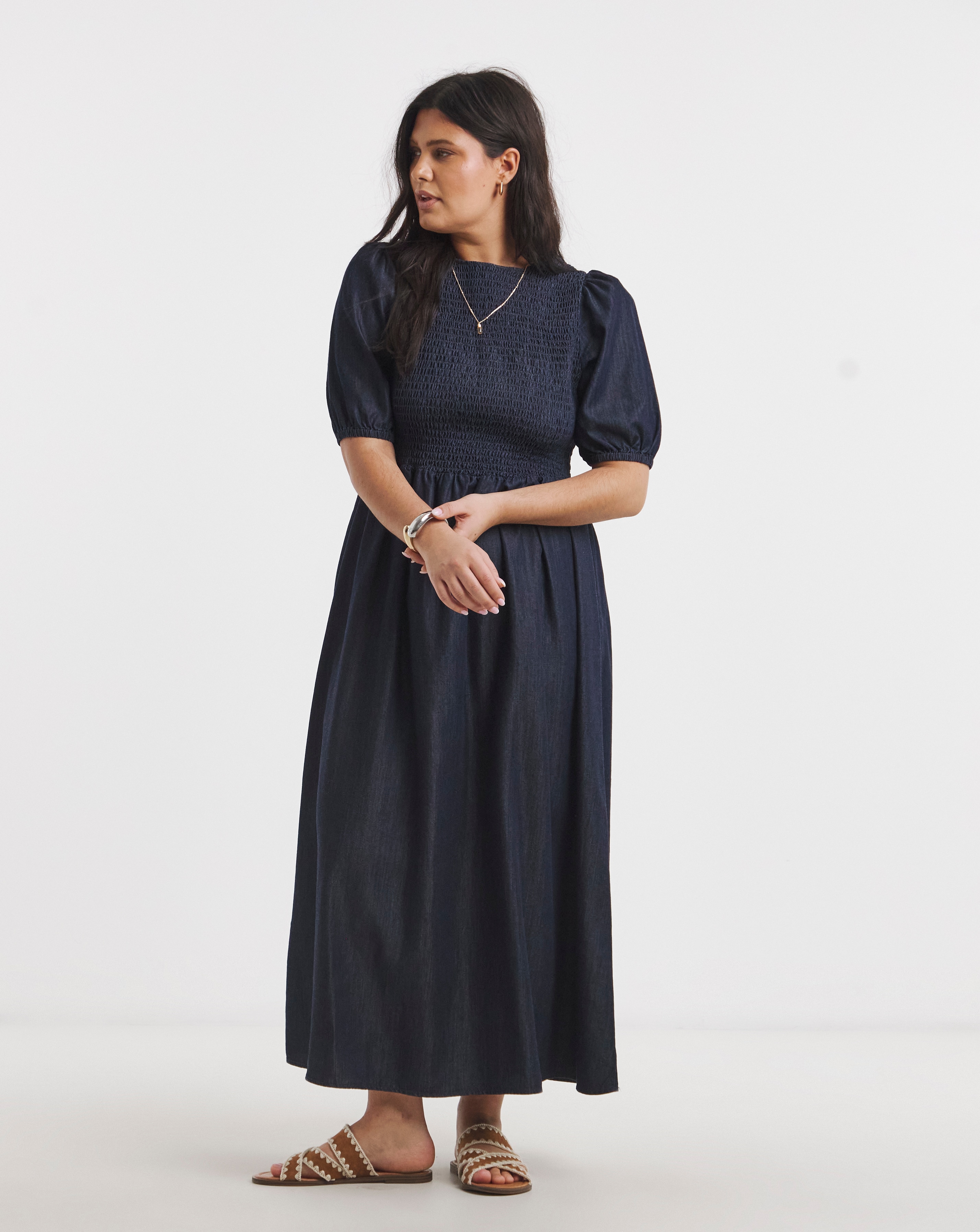 New In - Indigo Denim Soleil Shirred Midaxi Dress