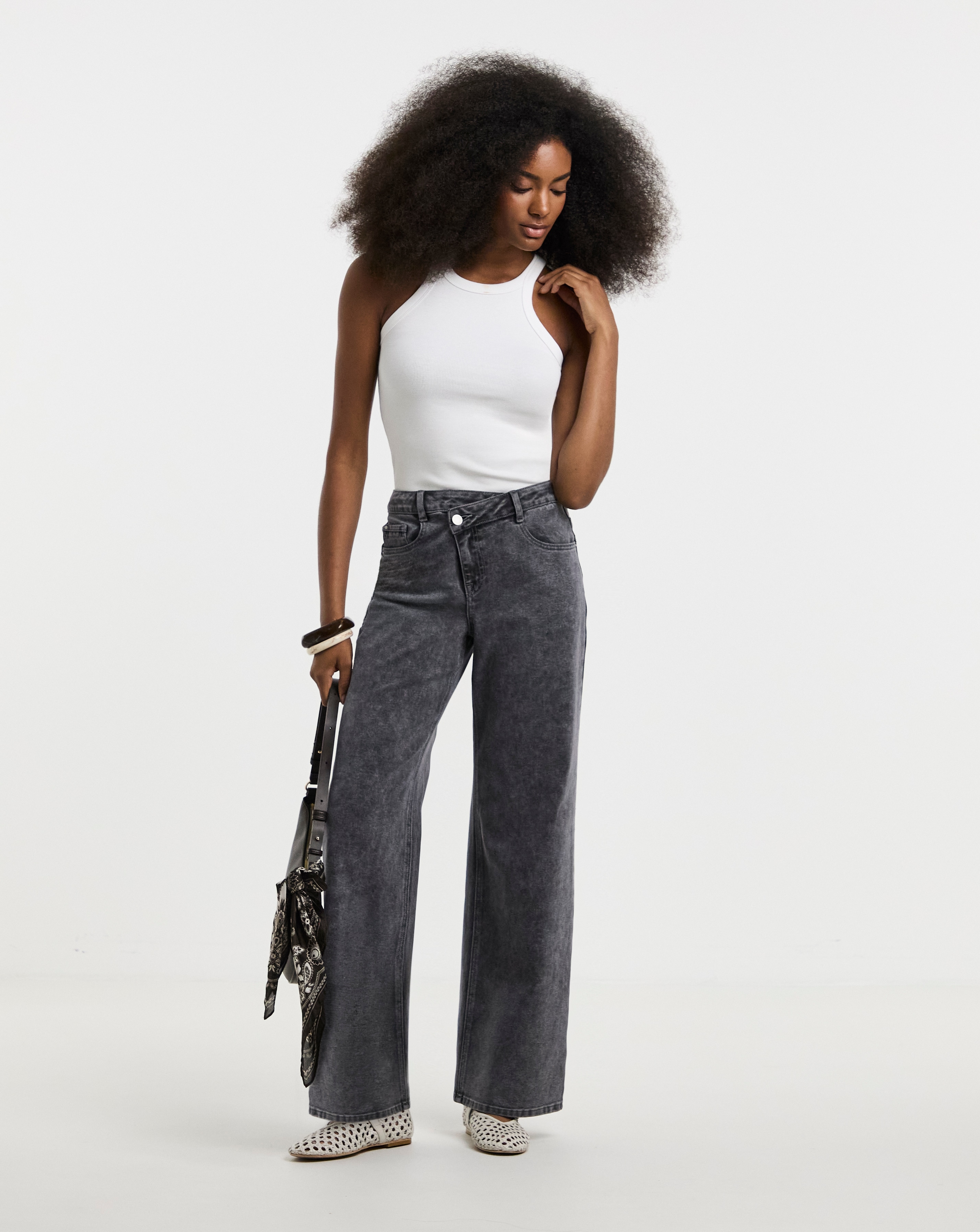 New In - Washed Grey Crossover Straight Leg Jeans