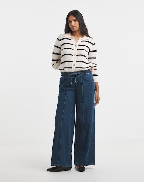 Mid Blue Pintuck Wide Leg Jogger Jean