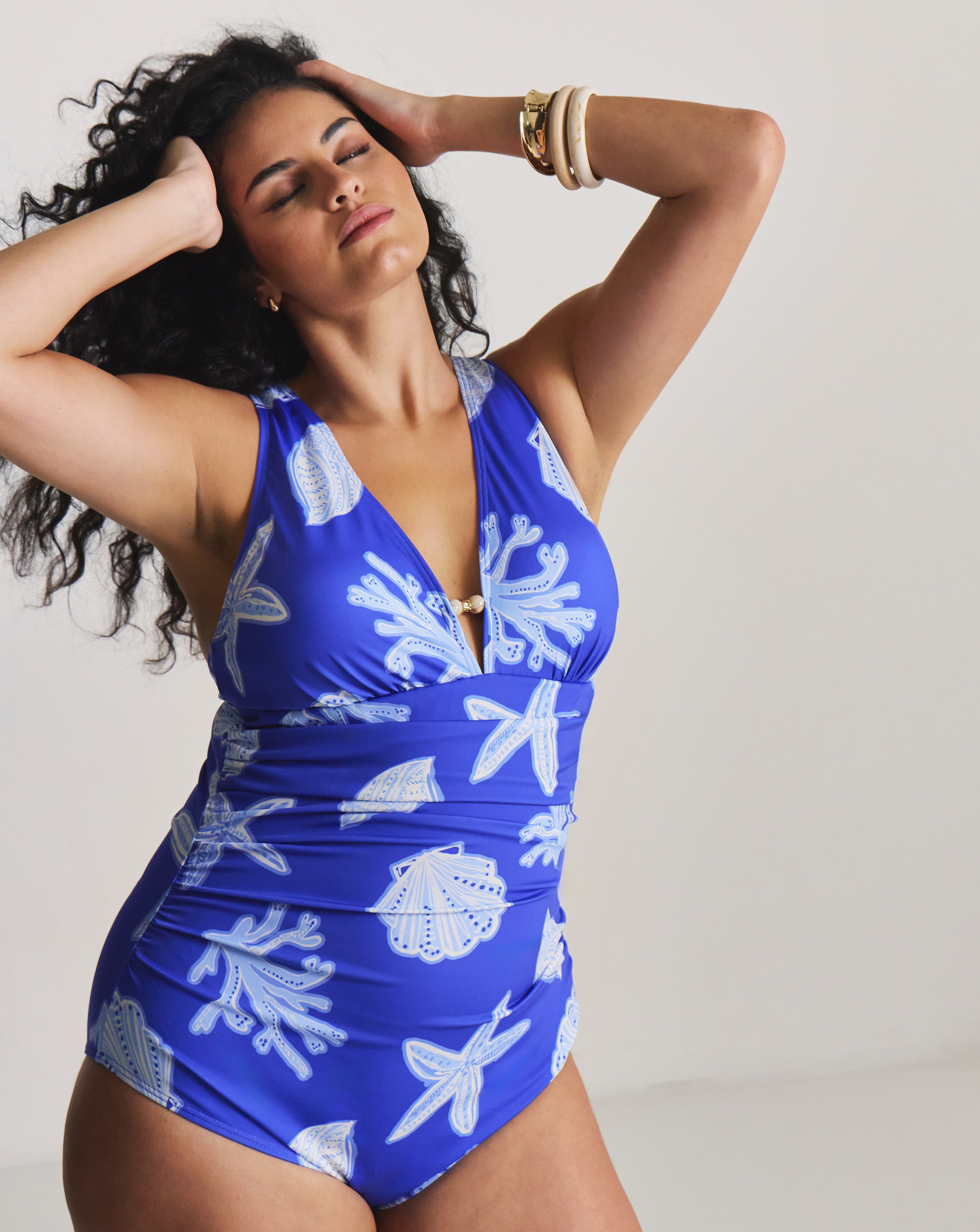 New In - Plunge Shell Print Swimsuit