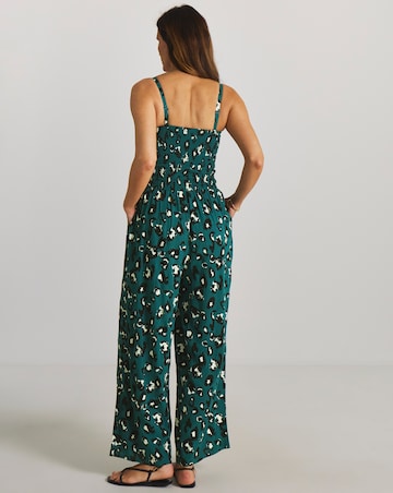 Teal Leopard Print Shirred Bandeau Jumpsuit