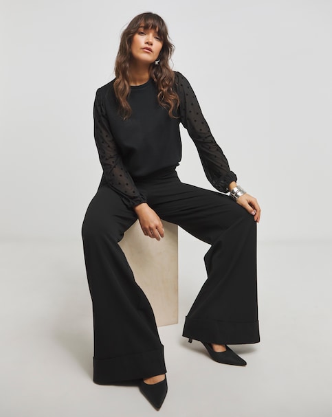 Velour Spot Mesh Sleeve Sweatshirt - Black