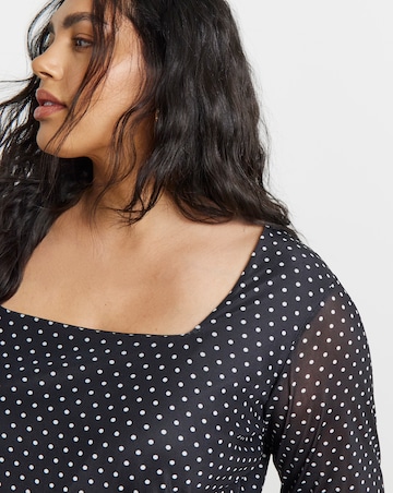 Black & White Ditsy Spot Print Square Neck Mesh Top