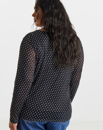 Black & White Ditsy Spot Print Square Neck Mesh Top