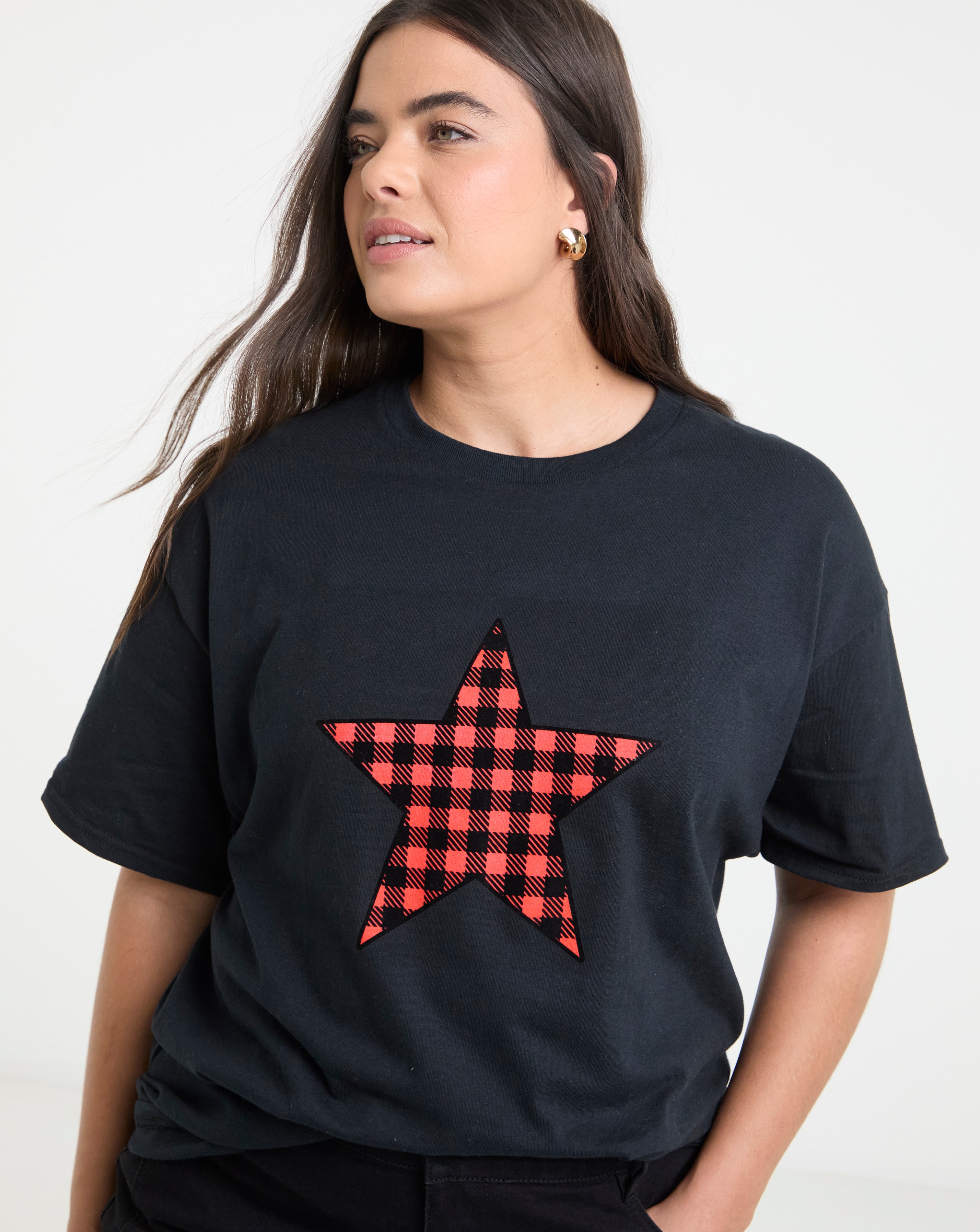 New In - Check Star Graphic Oversized T-Shirt