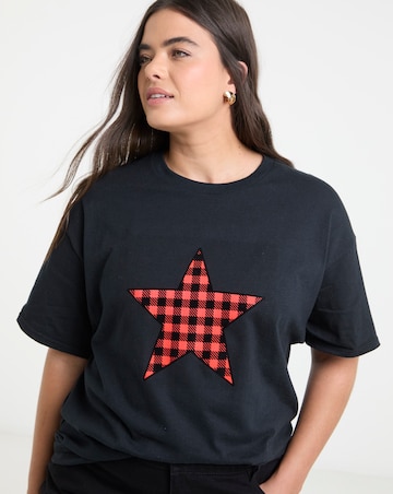 Black & Red Check Print Star Graphic Oversized T-Shirt