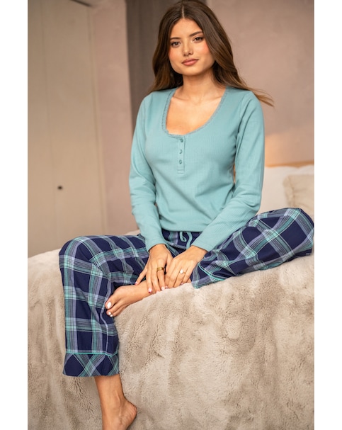 Pour Moi  Rib Jersey Lace Trim Henley Top and Check Trouser Pyjama Set