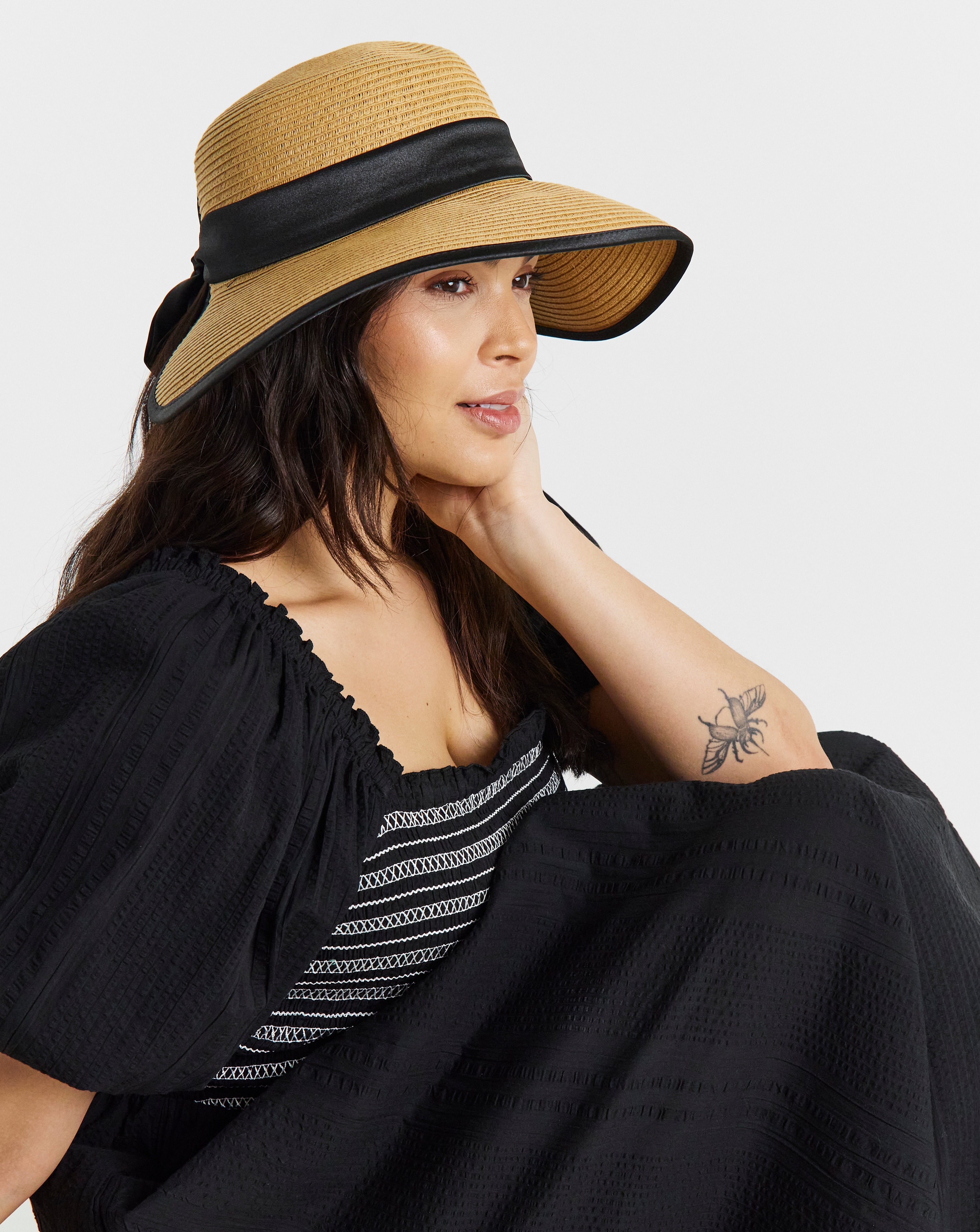 New In - Wide Brim Satin Tie Bow Hat