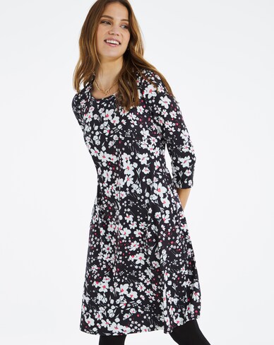 3/4 Sleeve White Floral Swing Dress