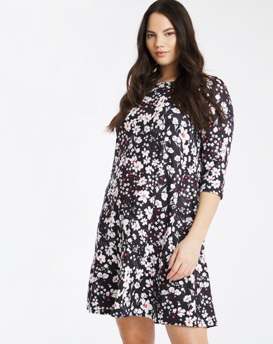 3/4 Sleeve White Floral Swing Dress