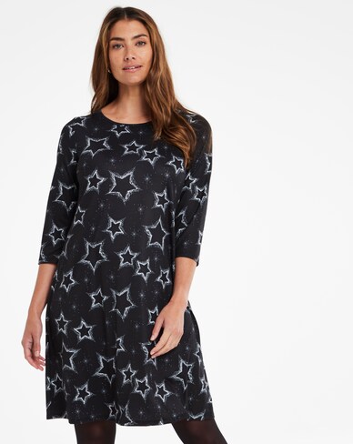 Navy Star Print 3/4 Sleeve Swing Dress