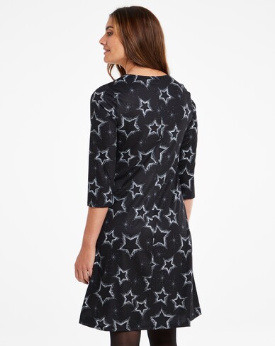 Navy Star Print 3/4 Sleeve Swing Dress