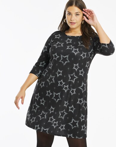Navy Star Print 3/4 Sleeve Swing Dress