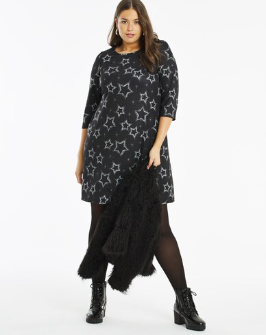 Navy Star Print 3/4 Sleeve Swing Dress