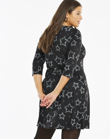 Navy Star Print 3/4 Sleeve Swing Dress