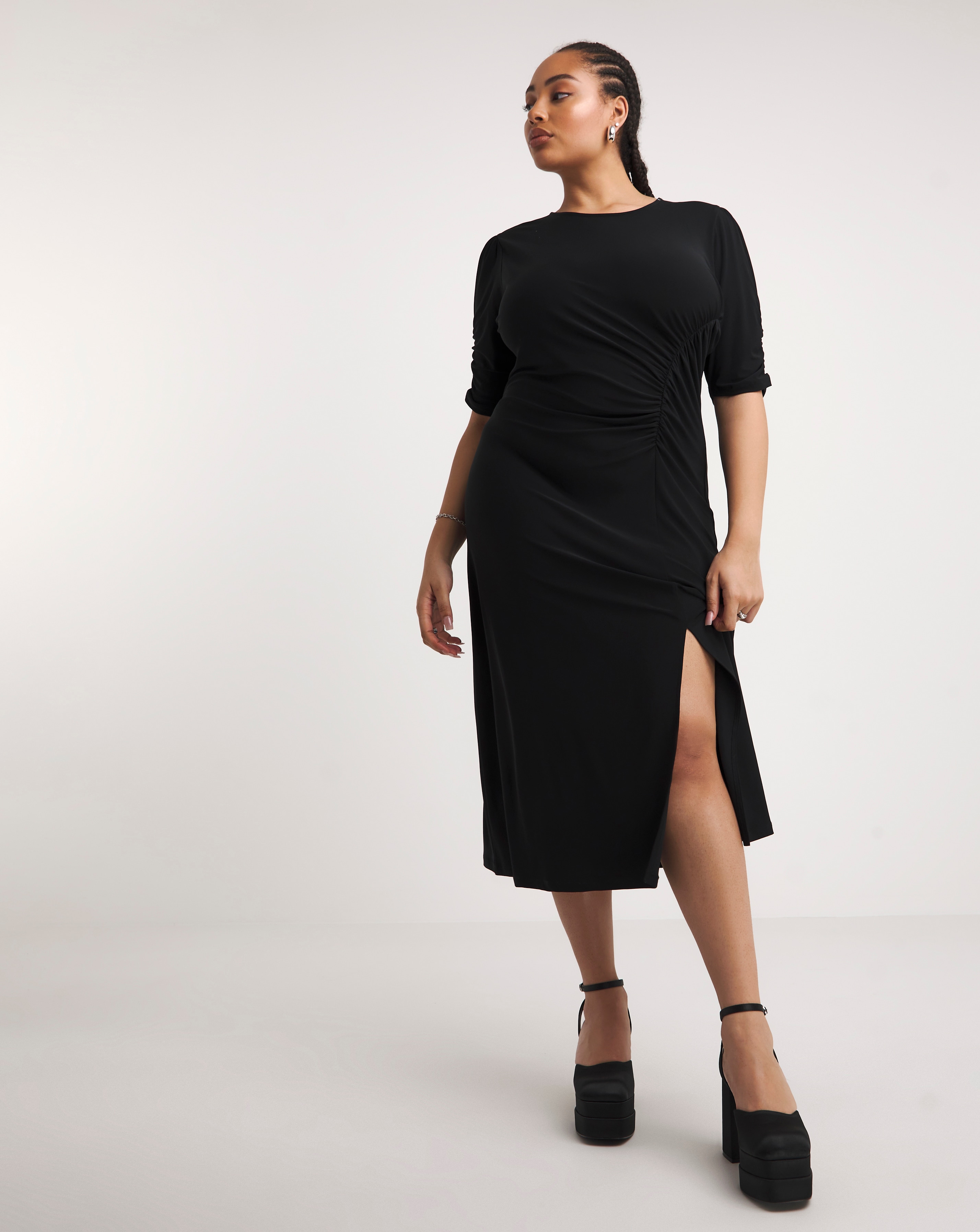 Simply Be - Women's Black Slinky Ruched Midi Dress - Size 22 - Black - 96% Polyester 4% Elastane