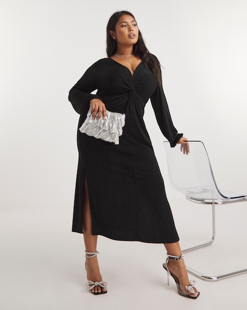 Black Slinky Knot Front Midi Dress