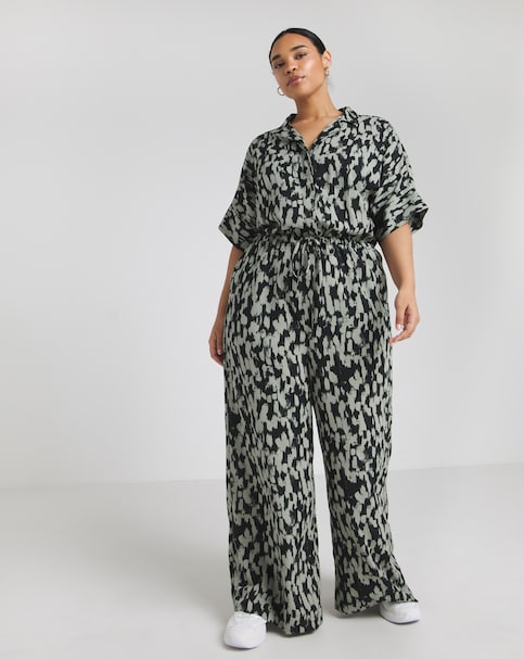 Green Print Button Through Jumpsuit - Sage Print