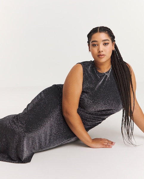 Simply Be - Women's Black Glitter Knit Split Maxi Dress - Size 10 - Black - 90% Polyamide 10% Metallised Fibre