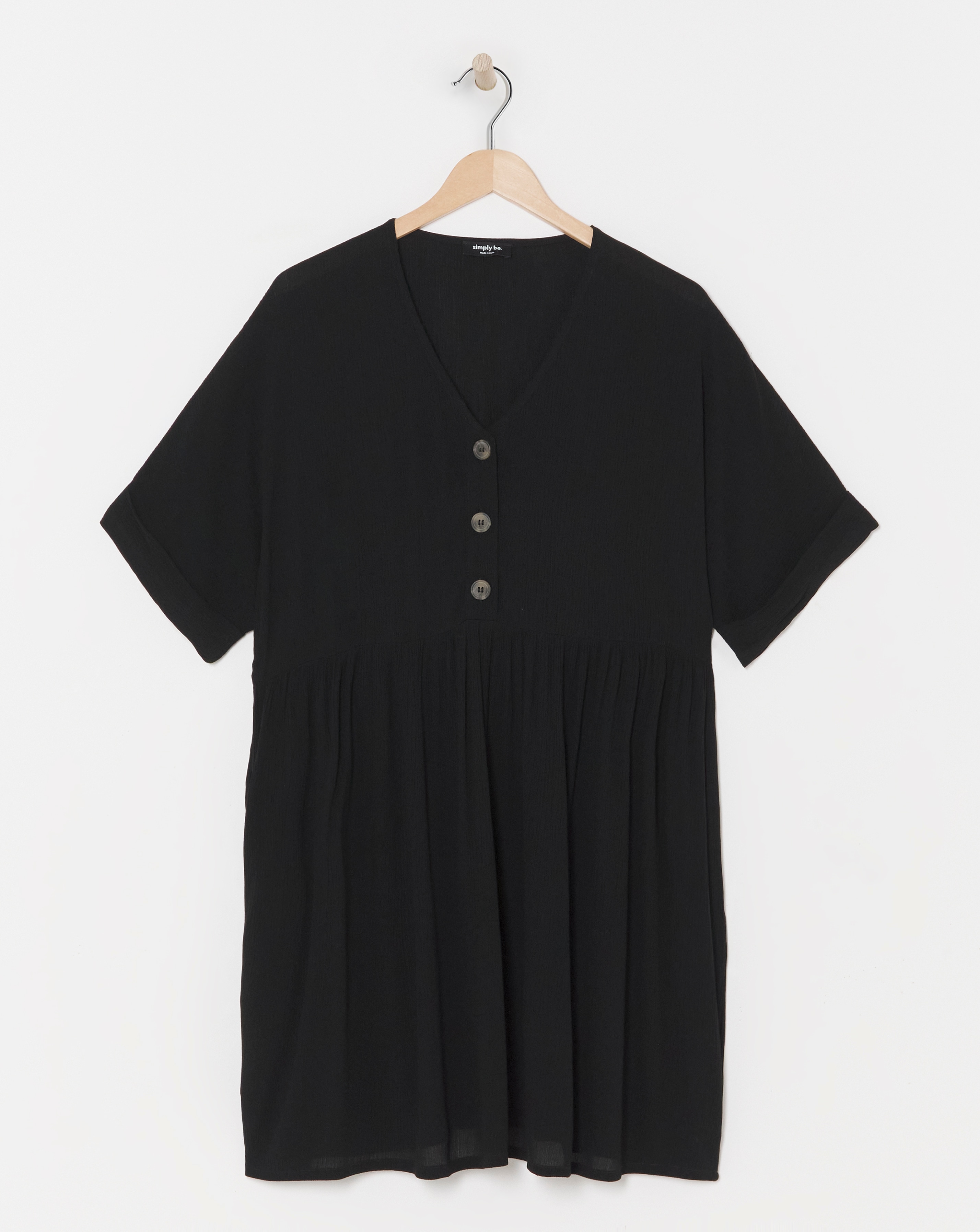 Simply Be - Women's Black Crinkle Button Through Smock Dress - Size 10 - Black - ECOVERO TM Viscose - Sustainable