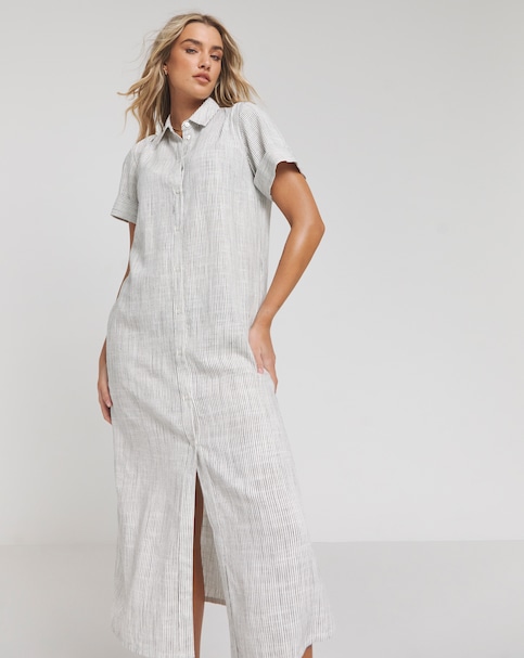Simply Be Stripe Linen Mix Button Through Shirt Dress