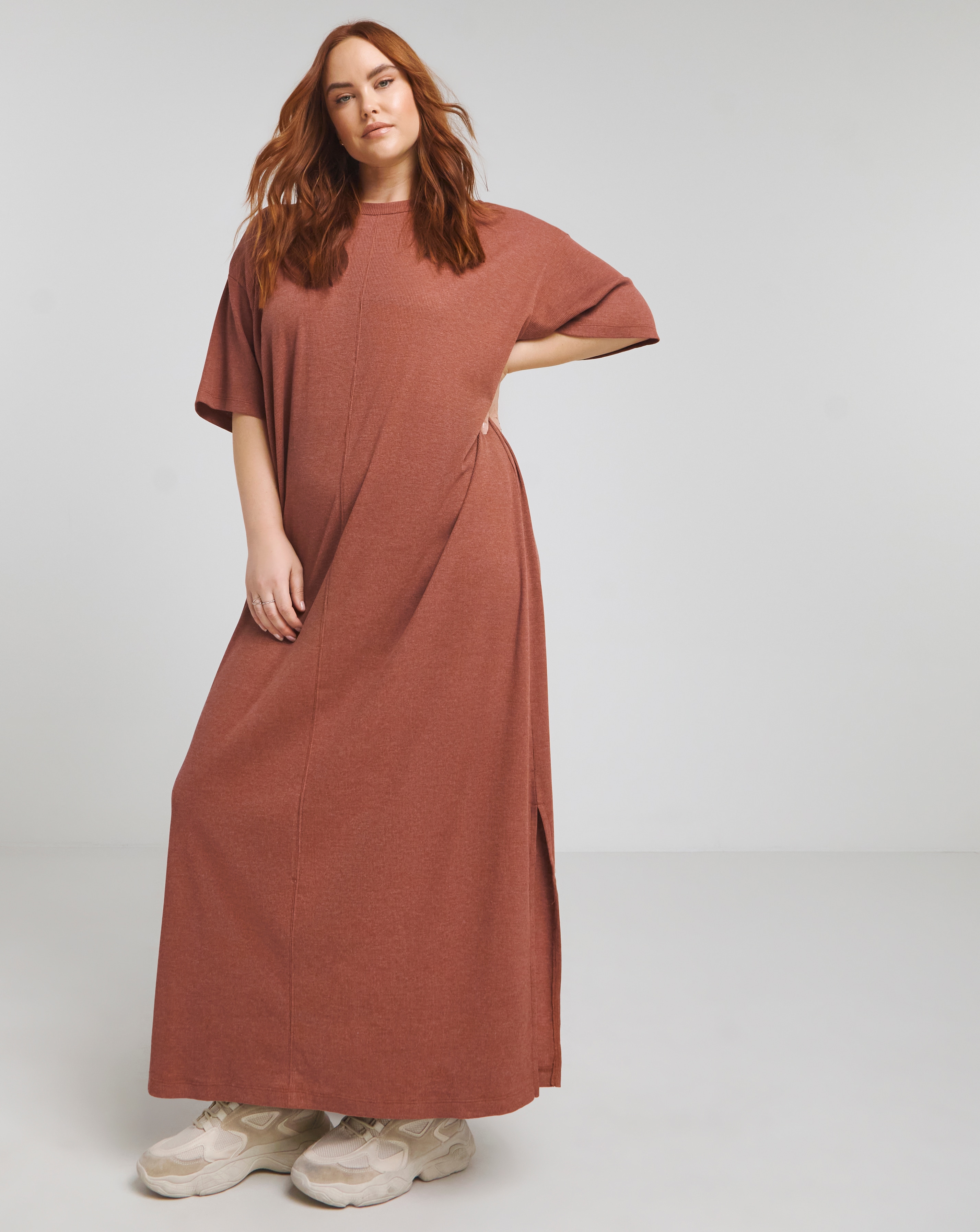 Simply Be - Women's Terracotta Ribbed Maxi T-Shirt Dress - Size 10 - Terracotta - 60% Cotton 40% Polyester