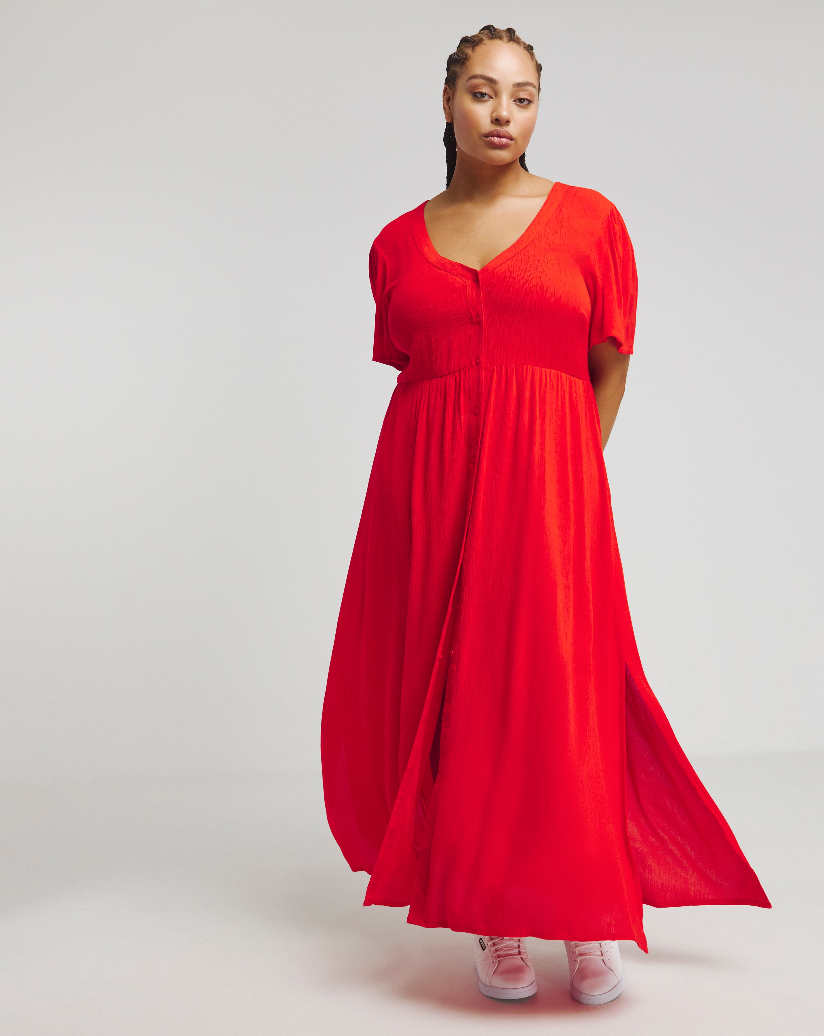 Red Crinkle Button Through Maxi Dress