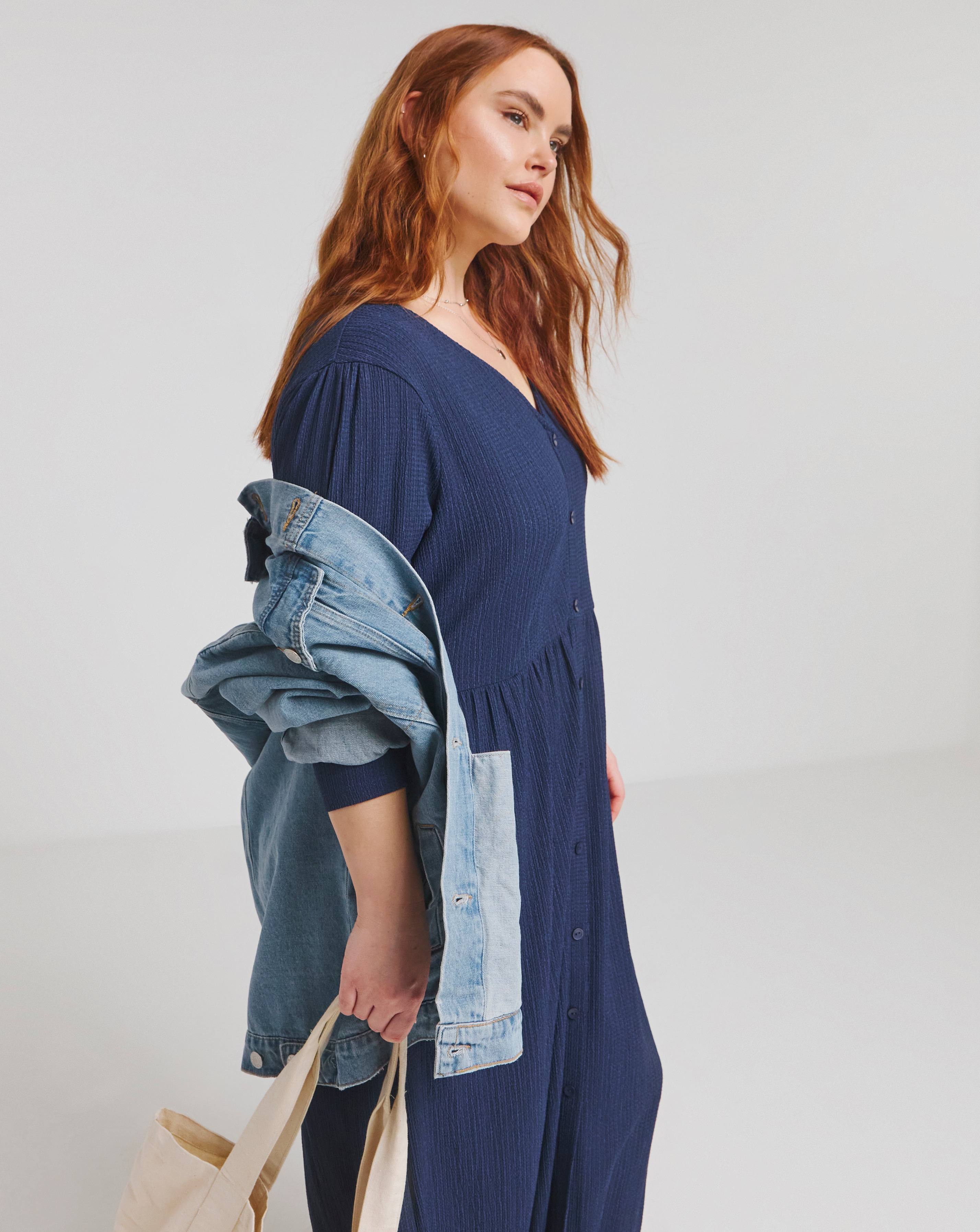 Simply Be - Women's Waffle Button up Midi Dress - Size 20 - Navy - 99% Polyester 1% Elastane