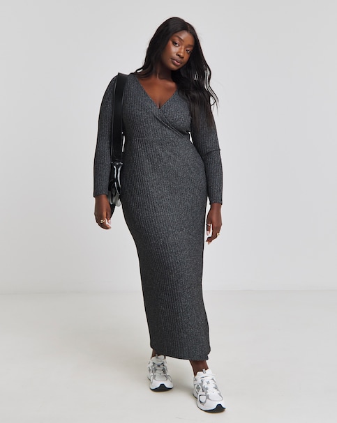 Simply Be - Women's Black Marl Cosy Rib Wrap Maxi Dress - Size 10 - Black/marl - 71% Viscose 26% Polyester 3% Elastane