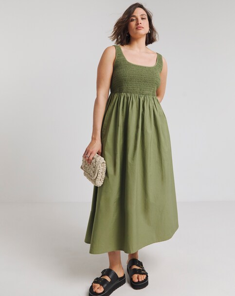 Simply Be - Women's Khaki Shirred Poplin Midi Sundress - Size 26 - Khaki