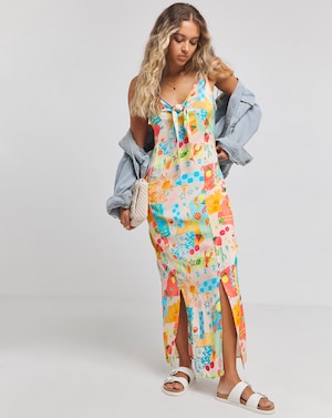 Multi Print Tie Front Maxi Dress - Image 1