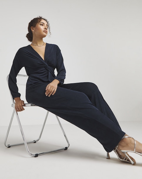 Navy Slinky Knot Front Jumpsuit - Blue