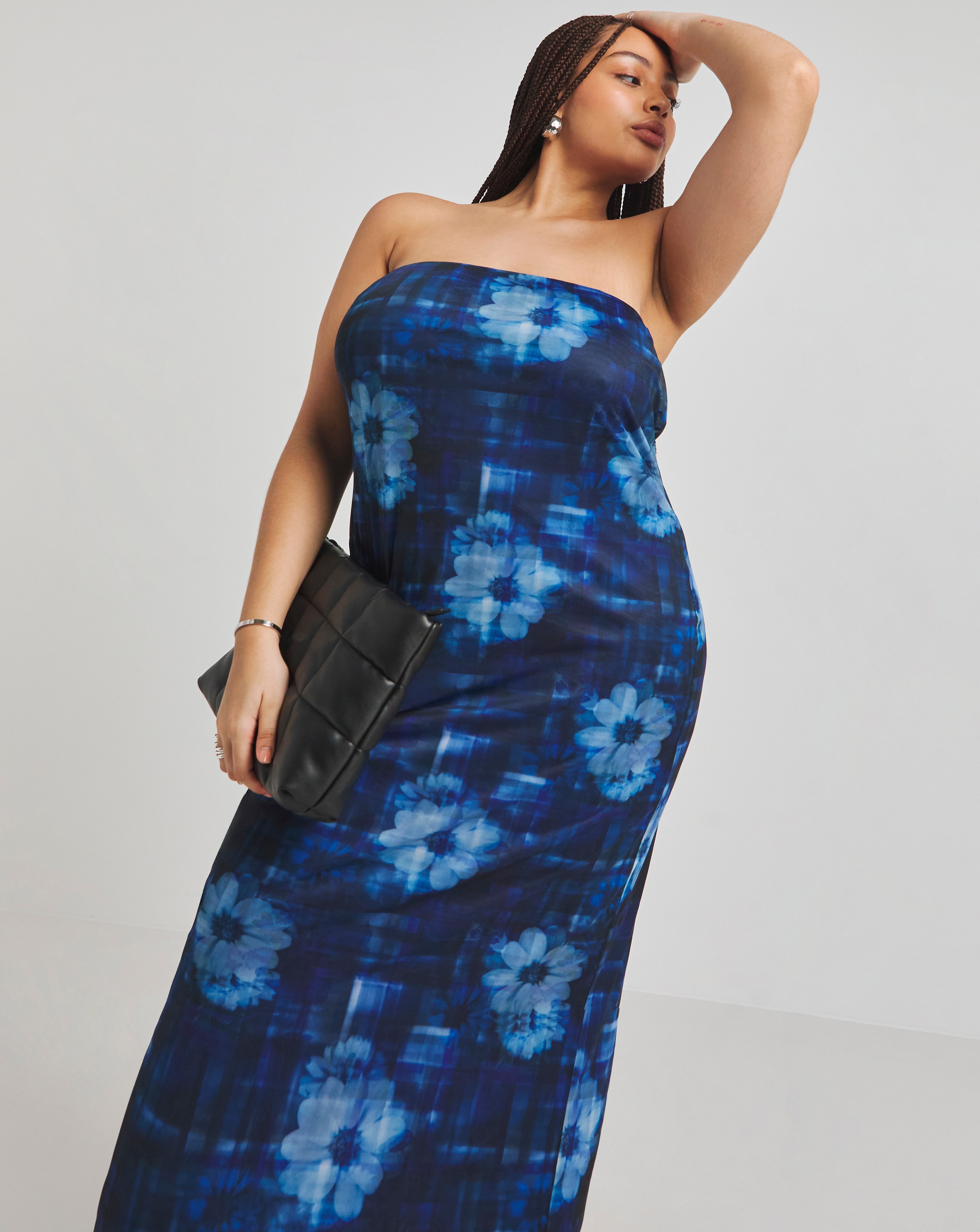 Simply Be - Women's Blue Printed Mesh Bandeau Maxi Dress - Size 26 - Blue print - 93% Polyester 7% Elastane