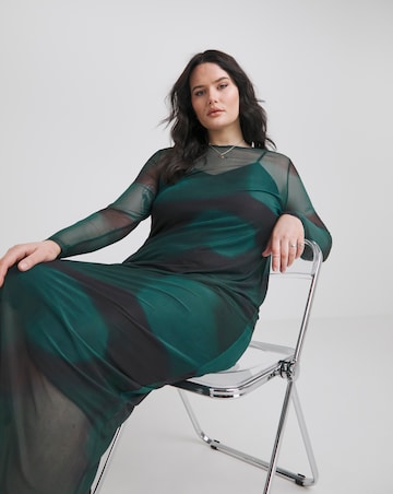 Green Printed Mesh Maxi Dress