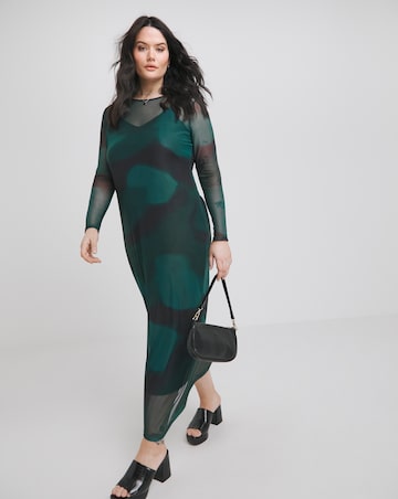 Green Printed Mesh Maxi Dress