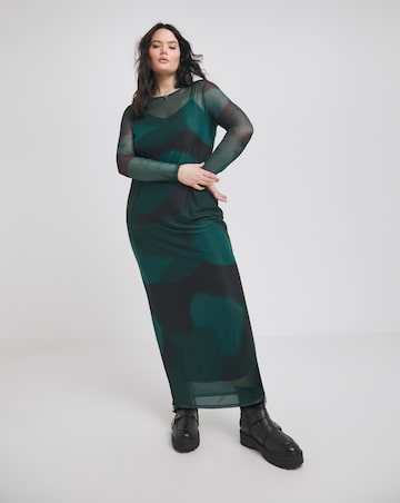 Green Printed Mesh Maxi Dress