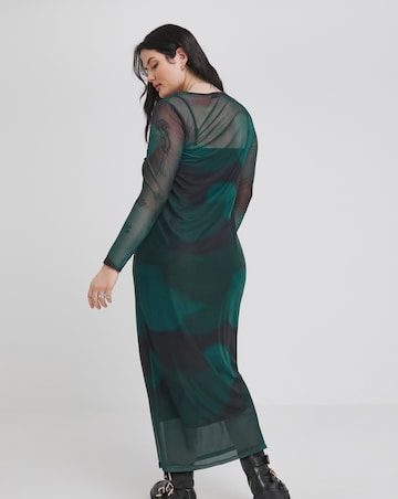 Green Printed Mesh Maxi Dress