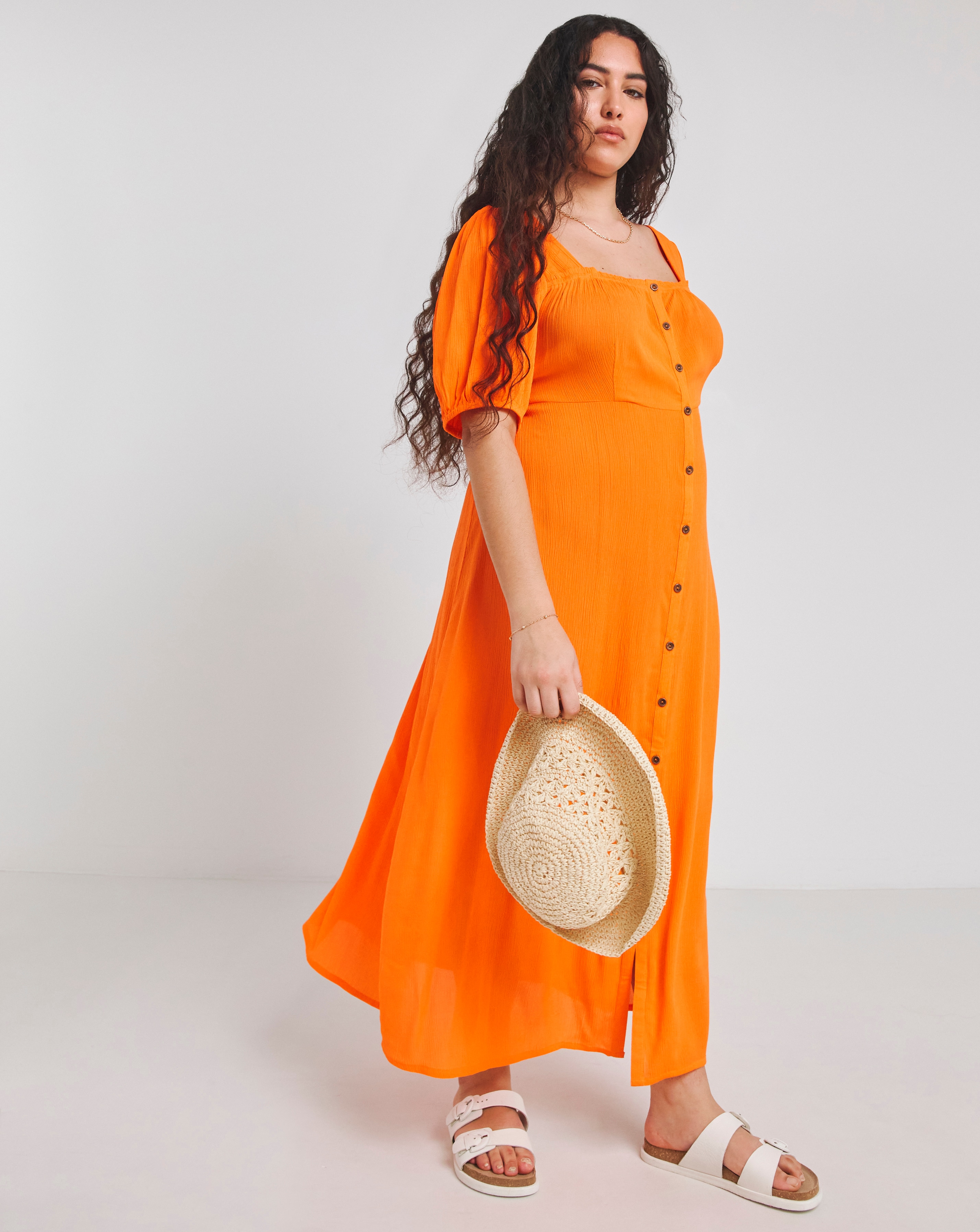 Simply Be - Women's Orange Crinkle Button Through Midi Dress - Size 10 - Orange - Ecovero TM Viscose - Sustainable