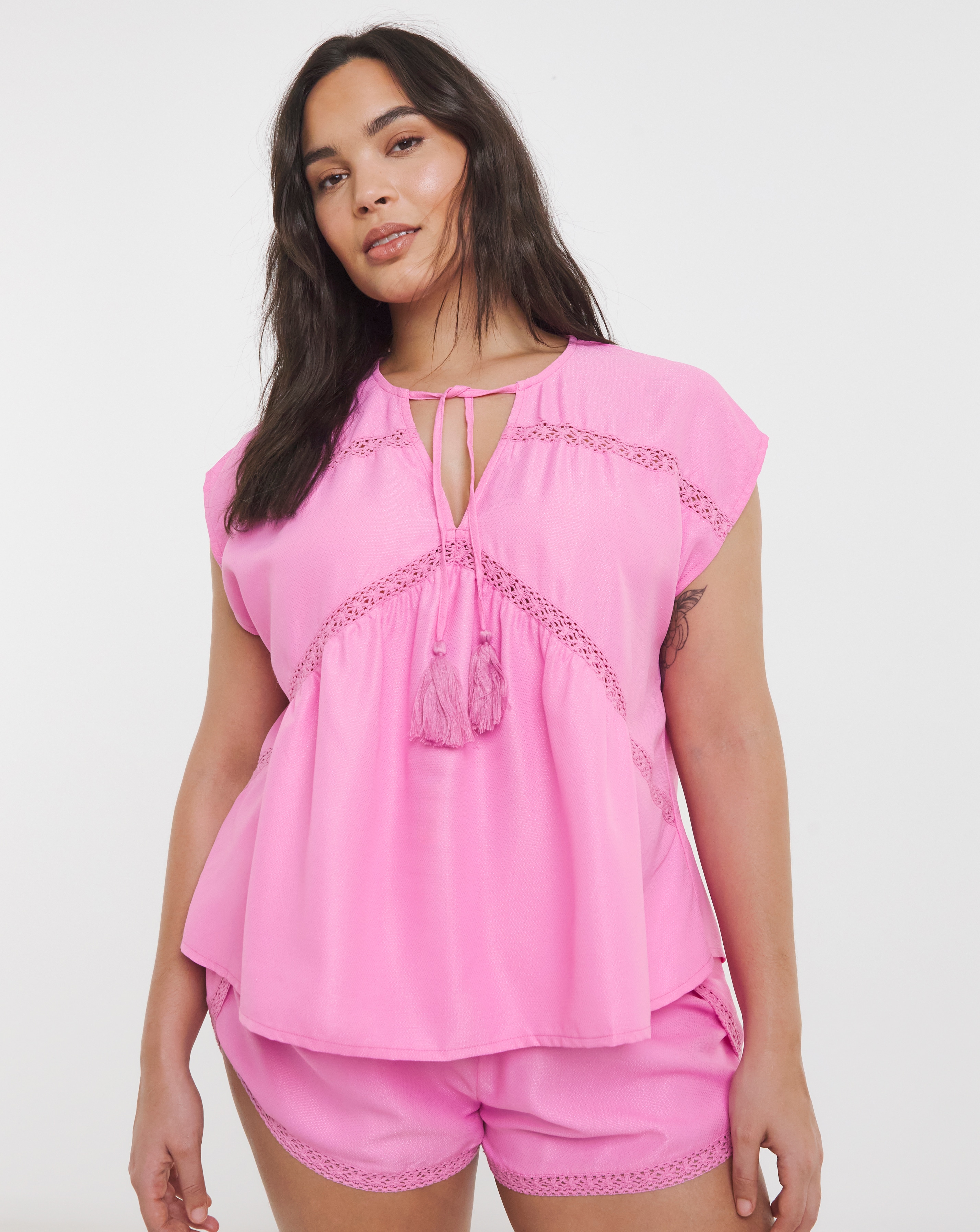 Pink - Women's - Shortie Pyjama Set With Crochet Trim - Size 41974