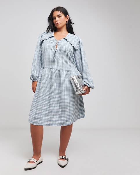 Simply Be - Women's Checked Collared Smock Dress - Size 10 - Blue check - 98% Polyester 2% Elastane
