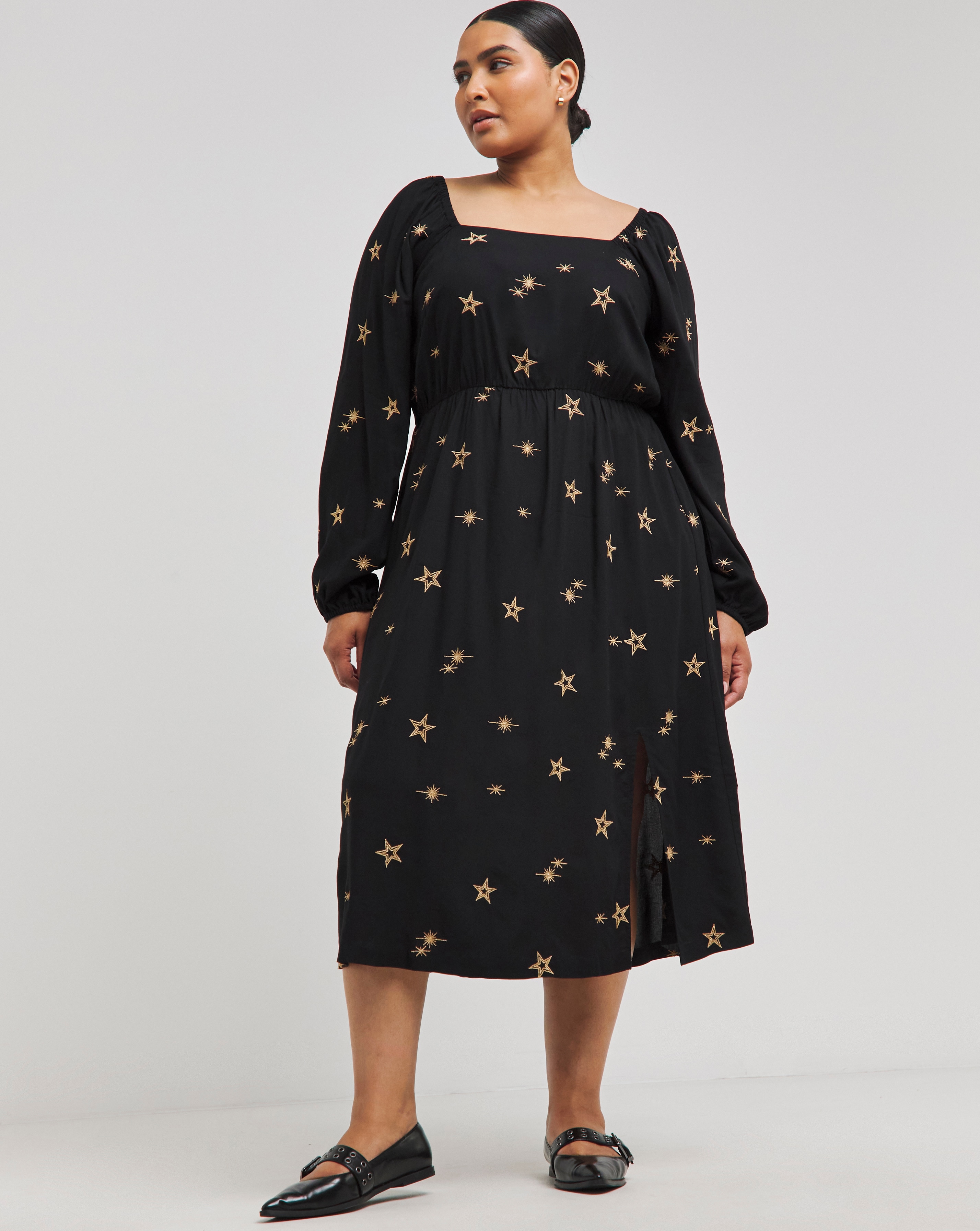 Simply Be - Women's Black Star Embroidered Midi Dress - Size 10 - Black gold - 100% Cotton