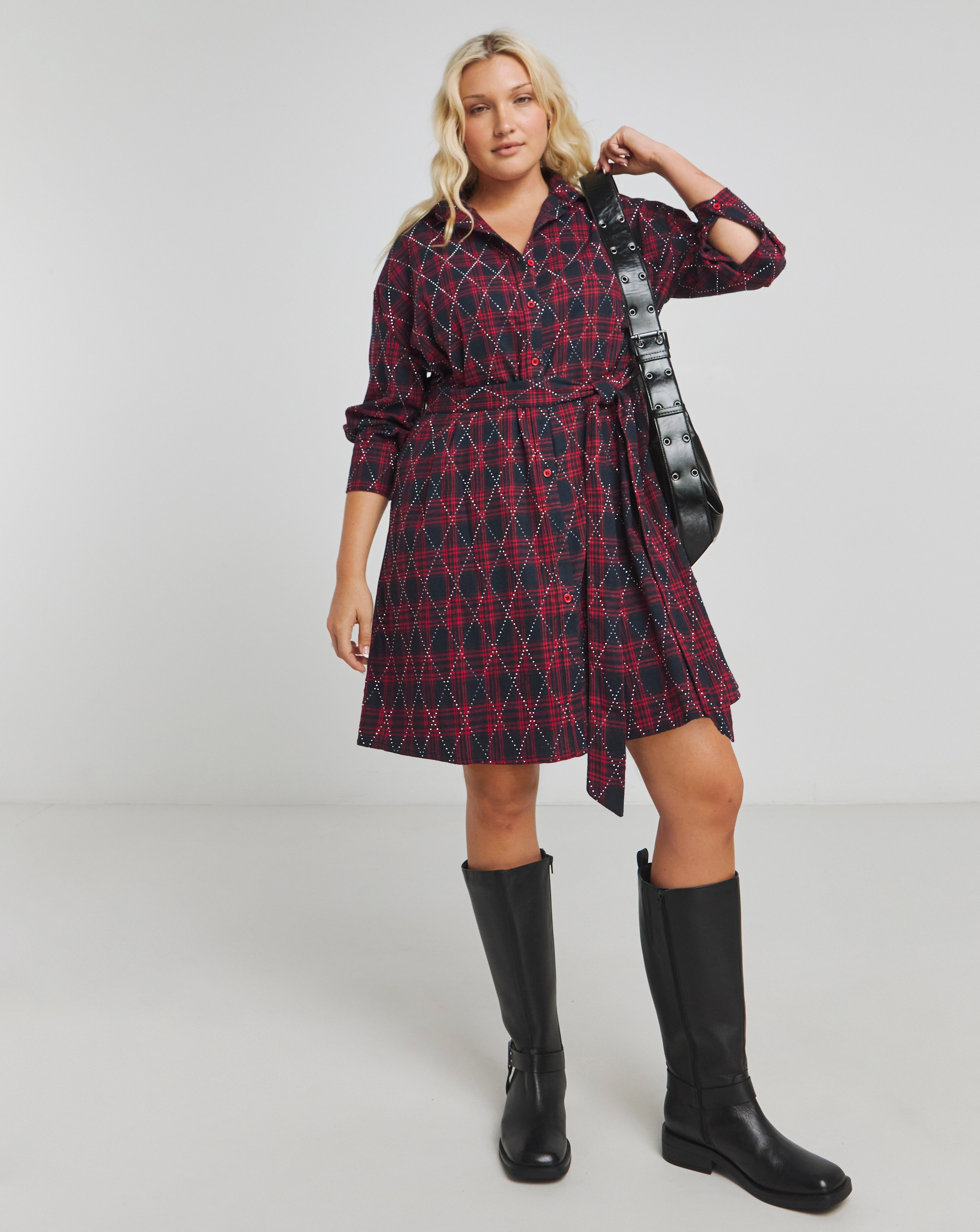 Simply Be - Women's Checked Print Embellished Shirt Dress - Size 10 - Red/blue