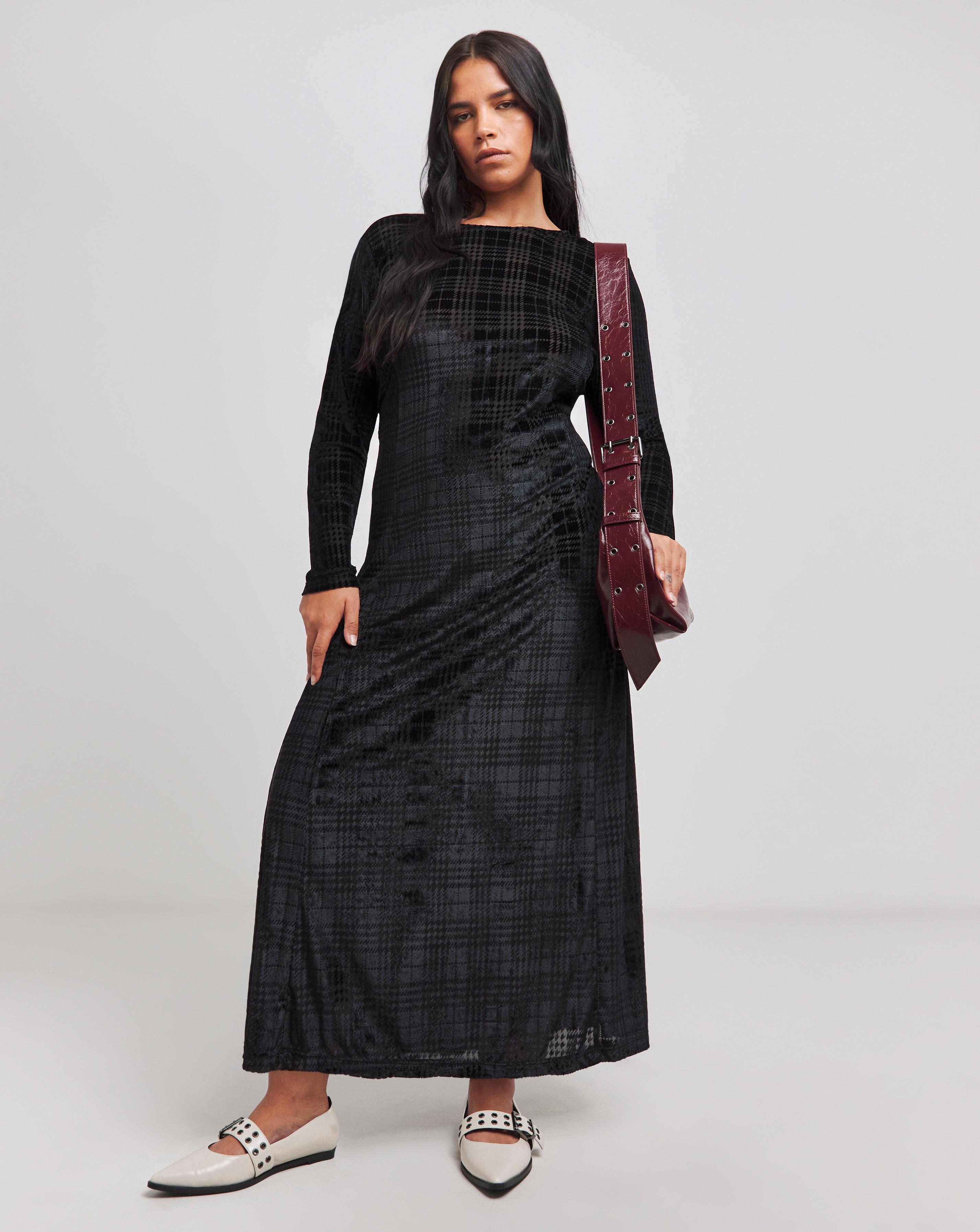 Simply Be - Women's Black Check Velour Midi Dress - Size 12 - Black - 44% Polyester 12% Elastane 44% Polyamide