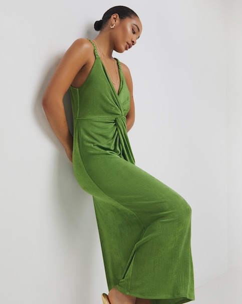 Simply Be - Women's Green Slinky Knot Detail Midaxi Dress - Size 24 - Khaki - 95% Recycled Polyester 5% Elastane
