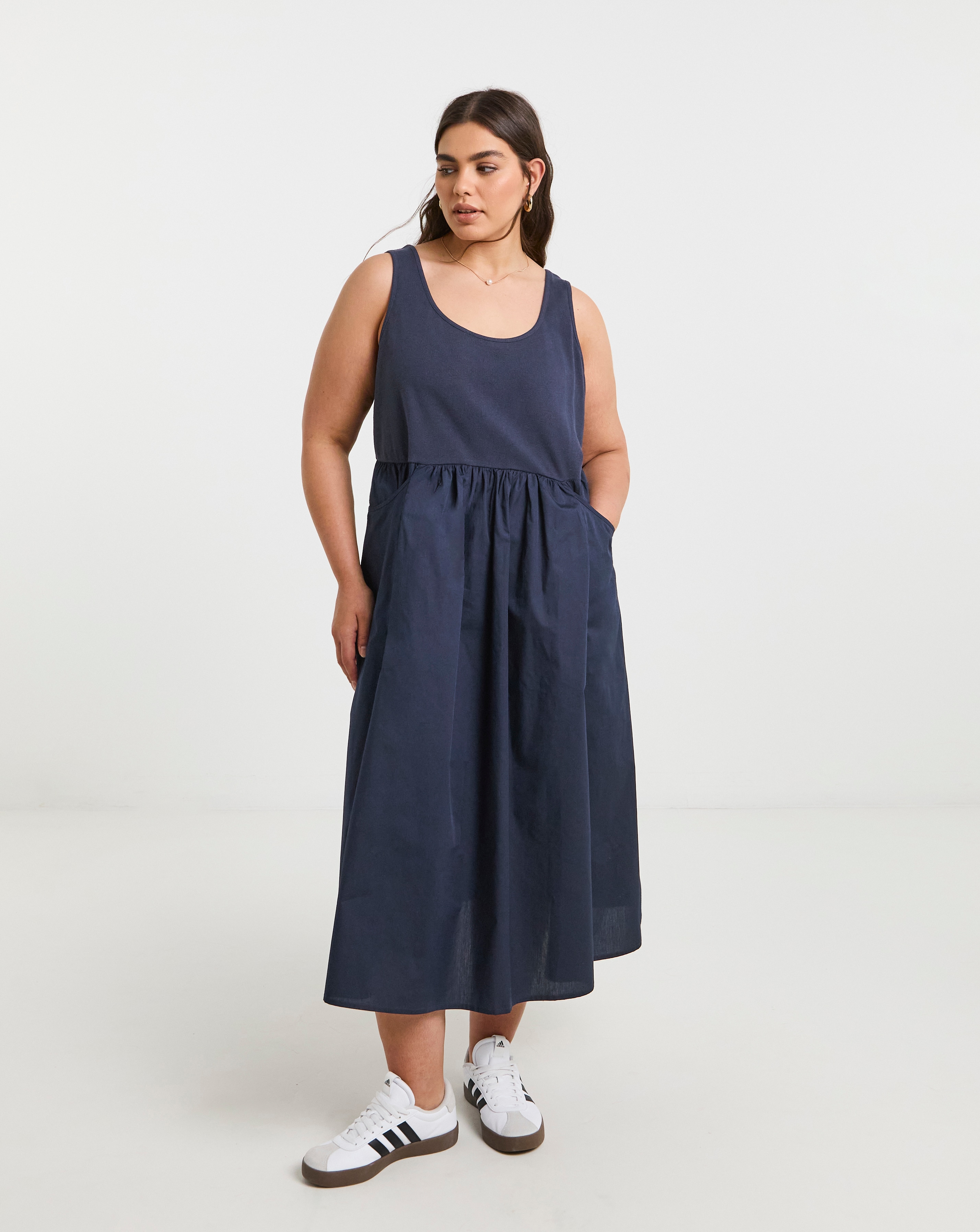 Simply Be - Women's Jersey Poplin Mix Apron Dress - Size 18 - Navy - 100% Cotton