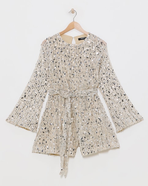 Nude/Silver Sequin Belted Playsuit